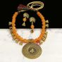 Round Shape Sunset Yellow Color Antique Gold  Finish Textured Glass Bead Bail Necklace Set