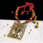 Red and Sunset Yellow Cotton Bead Gold Antique Finish Goddess Durga Pendant Ethnic Handmade Necklace Set Design 4