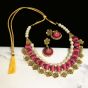 Pink Color Silk Thread Beads and Gold Flower Charms Necklace Earring Set 