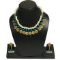 Peacock Green Color Silk Thread Beads and Gold Flower Charms Necklace Earring Set 