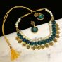Peacock Green Color Silk Thread Beads and Gold Flower Charms Necklace Earring Set 