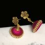 Magenta Pink Color Silk Thread Beads and Gold Flower Charms Necklace Earring Set 