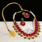 Magenta Pink Color Silk Thread Beads and Gold Flower Charms Necklace Earring Set 