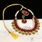 Maroon Color Silk Thread Beads and Gold Flower Charms Necklace Earring Set 