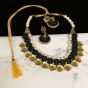 Black Color Silk Thread Beads and Gold Flower Charms Necklace Earring Set 