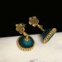 Teal Blue Color Silk Thread Beads and Gold Flower Charms Necklace Earring Set 