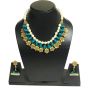 Teal Blue Color Silk Thread Beads and Gold Flower Charms Necklace Earring Set 