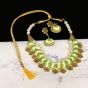 Apple Green Color Silk Thread Beads and Gold Flower Charms Necklace Earring Set 