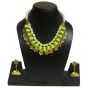 Lime Green Color Silk Thread Beads and Gold Flower Charms Necklace Earring Set 