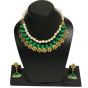 Forest Green Color Silk Thread Beads and Gold Flower Charms Necklace Earring Set 