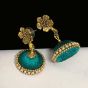 Peacock Blue Color Silk Thread Jhumka Earring with Antique Gold Color Flower Stud