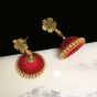 Red Color Silk Thread Jhumka Earring with Antique Gold Color Flower Stud