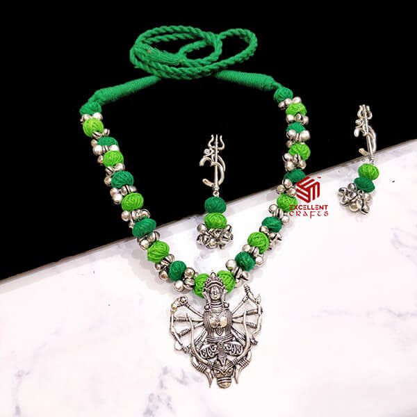 Lime Green and Forest Green Antique Finish Goddess Durga Pendant Handmade Necklace Set